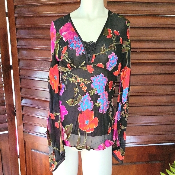 Cache Tops - Cache Colorful Floral Silk Top Long Sleeve Sheer Lightweight Blouse Vintage Sm